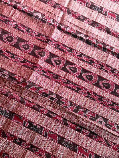 Offwhite (cream) and maroon handwoven Sambalpuri thousand motif pure Ikkat silk saree | Odisha Weaves (Copy)