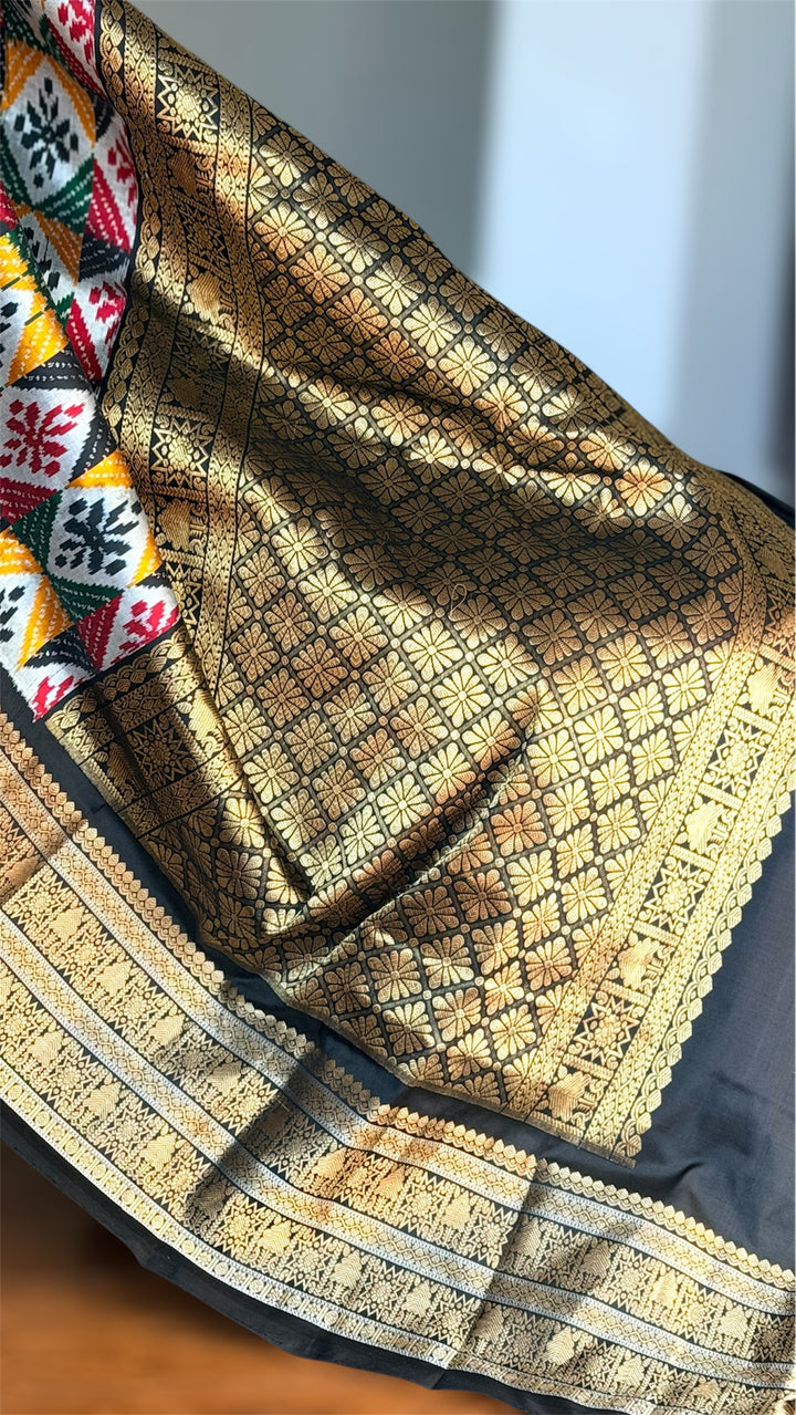 Kanjivaram Ikat Pure Silk Saree with Geometric Motifs(Pochampally)Fusion Silk Saree Unstitched Blouse