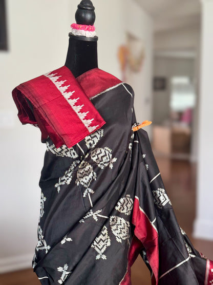 Black color fish motif handwoven ikat pure silk saree|Odisha Weaves|Contemporary Ikat|Antara
