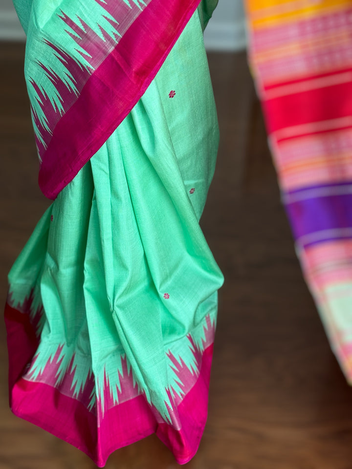Aqua color Berhampuri Pure Silk Saree with Colorful double pallu