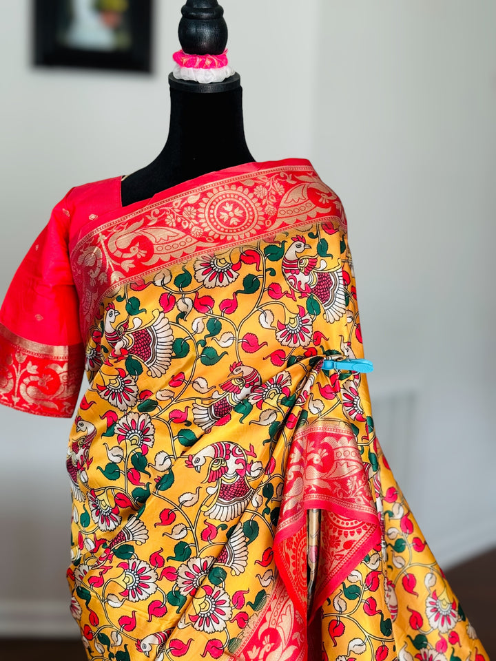 Kalamkari and paithani inspired artificial silk saree with stitched blouse|Value Vogue
