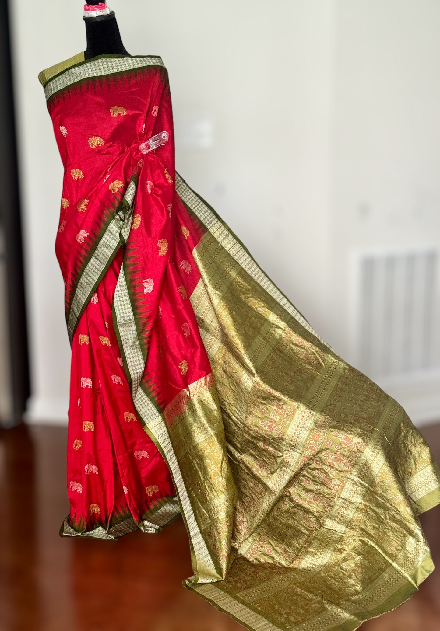 Red with mehendi green elephant motif Exclusive Bomkai pure silk Saree