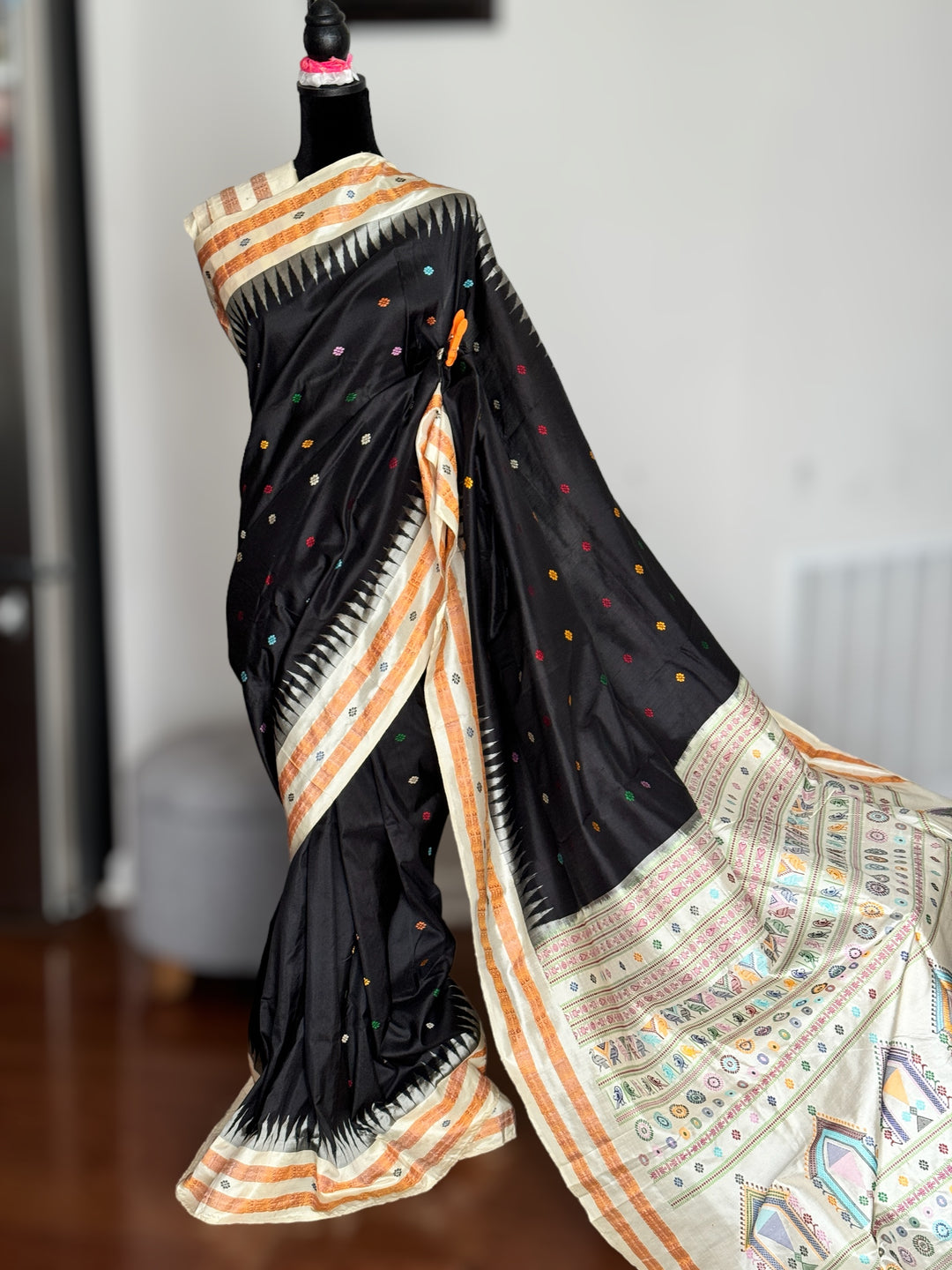 Gorgeous Black and Beige Combination Dolabedi pure silk saree from Odisha Weaves