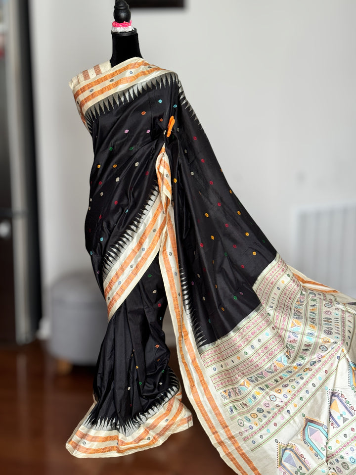 Gorgeous Black and Beige Combination Dolabedi pure silk saree from Odisha Weaves