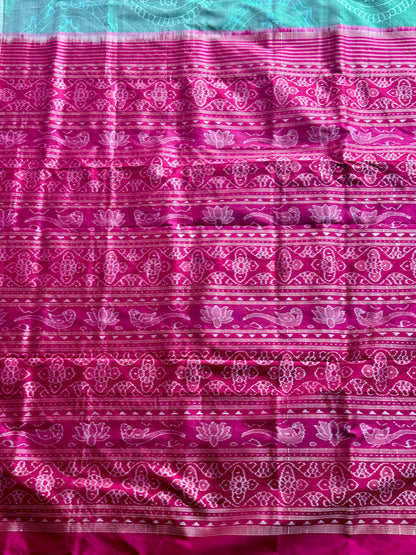 Handwoven Sage green and Pink yantra theme Sambalpuri ikat pure silk saree|Odisha Weaves|