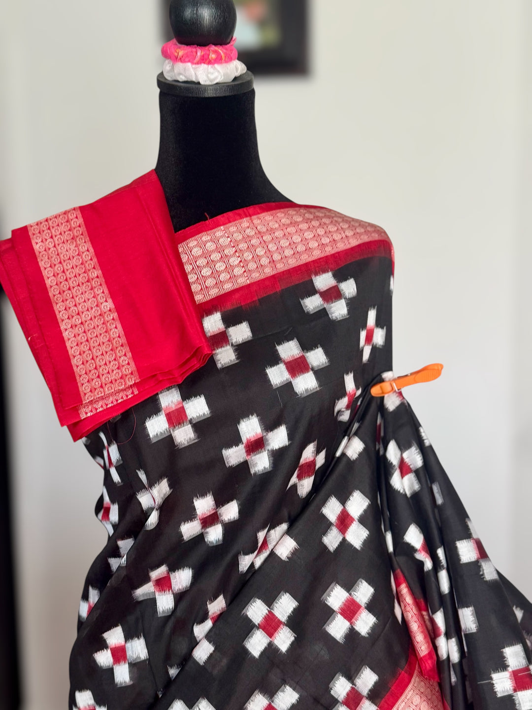 Handwoven Black and Red Pasapali Sambalpuri Ikat pure silk saree|Odisha Weaves|