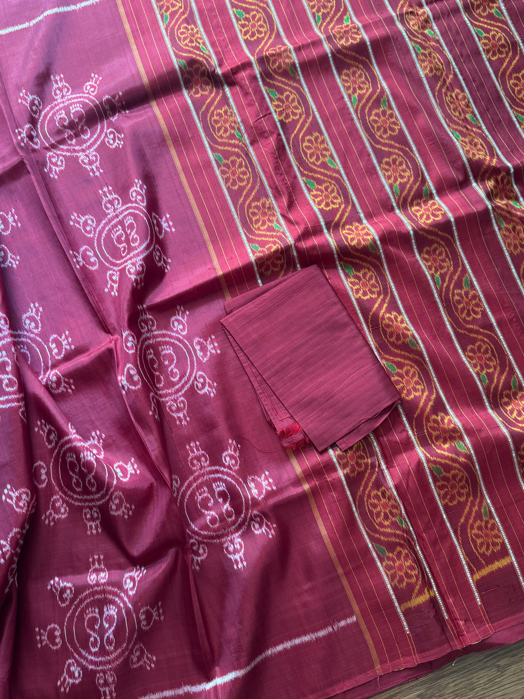 Fainted Maroon color Laxmi Pada contemporary ikat pure silk saree| Odisha Weaves