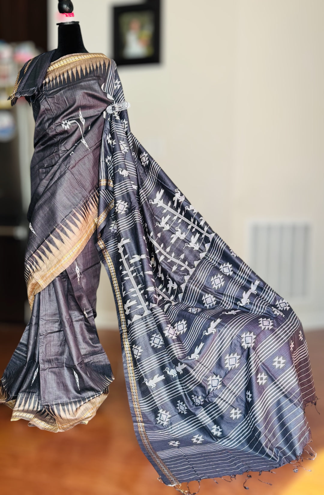 Ganjam Bomkai inspired handwoven pure Tussar silk saree in Black color