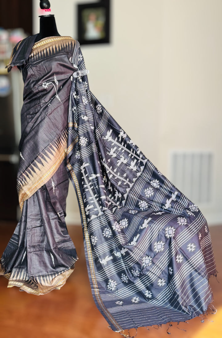 Ganjam Bomkai inspired handwoven pure Tussar silk saree in Black color