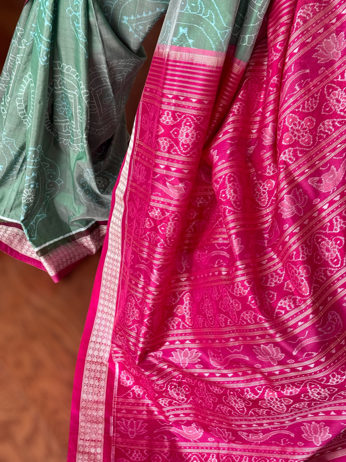 Handwoven Sage green and Pink yantra theme Sambalpuri ikat pure silk saree|Odisha Weaves|