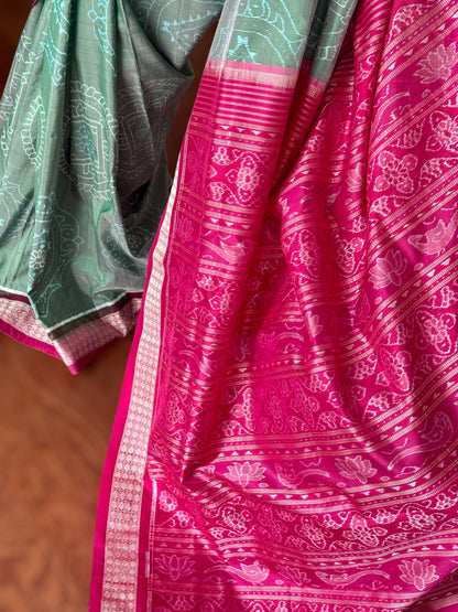 Handwoven Sage green and Pink yantra theme Sambalpuri ikat pure silk saree|Odisha Weaves|
