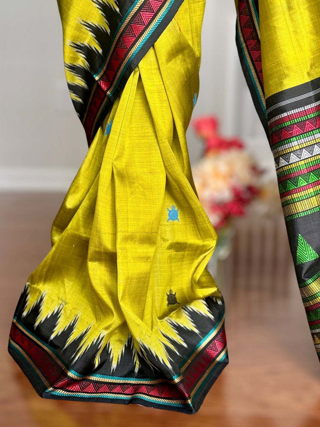 Light green and black combination Dongria double pallu contemporary ikat pure silk saree