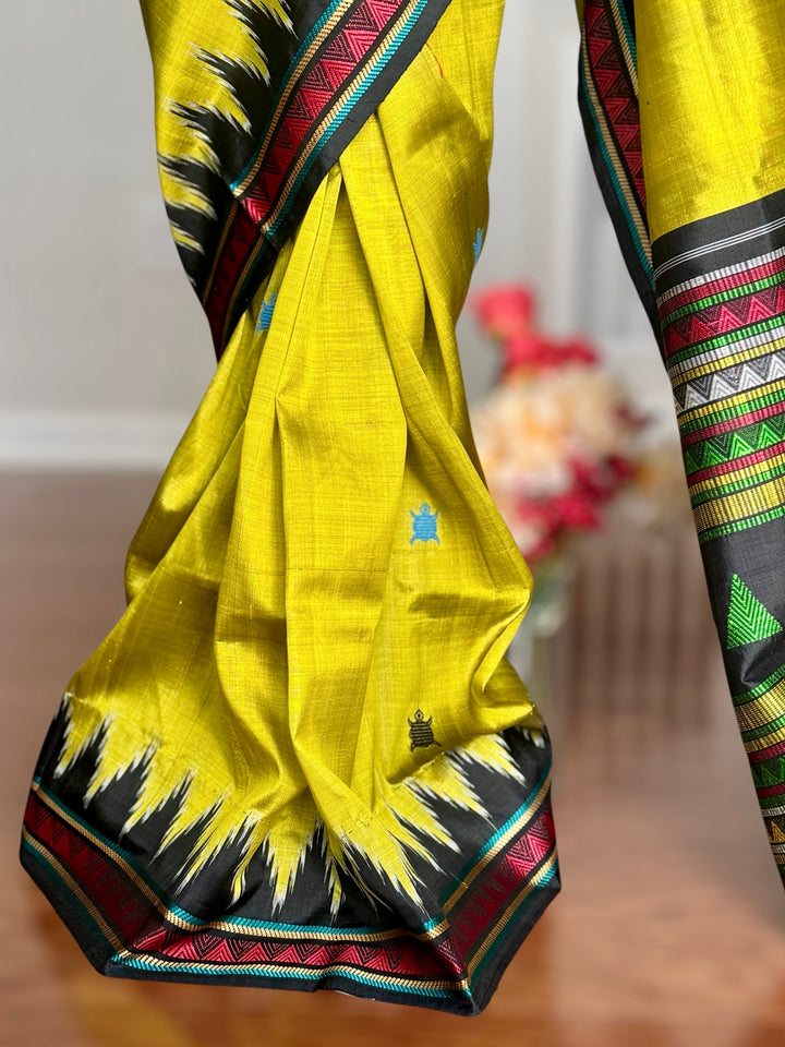 Light green and black combination Dongria double pallu contemporary ikat pure silk saree
