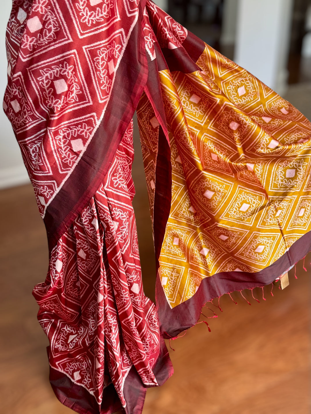 High quality contemporary Ikat Pure silk saree in light rust red