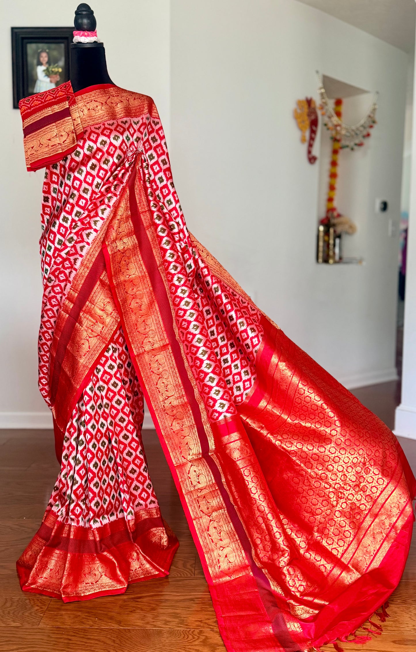 Red Twill Ikkat (Pochampally)handwoven pure silk Saree with Zari Woven Kanchipuram Border
