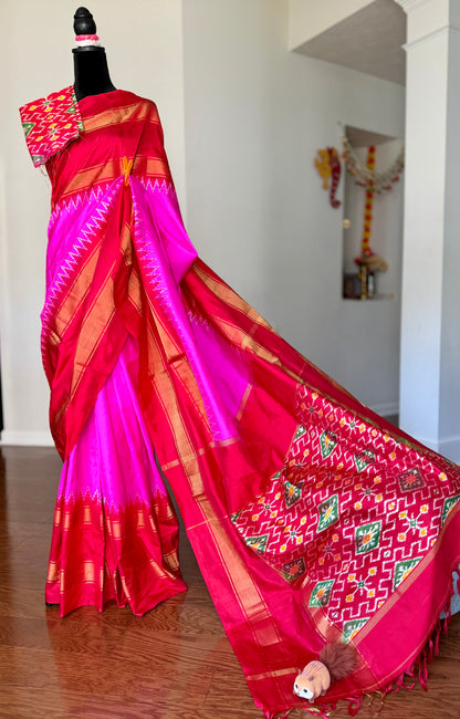 Bright Magenta-pink with Red Pochampally ikat pure silk saree with Patola pallu and Kanchi-Style Zari Border