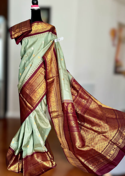 Light Sage Green vintage Checks Gadwal Pure Silk Saree with zari buttas and contrast Maroon border