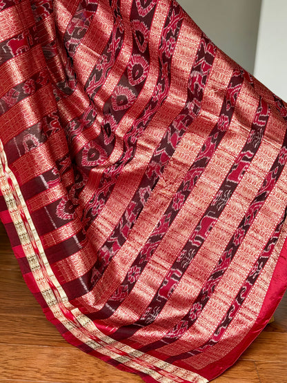 Offwhite (cream) and maroon handwoven Sambalpuri thousand motif pure Ikkat silk saree | Odisha Weaves (Copy)