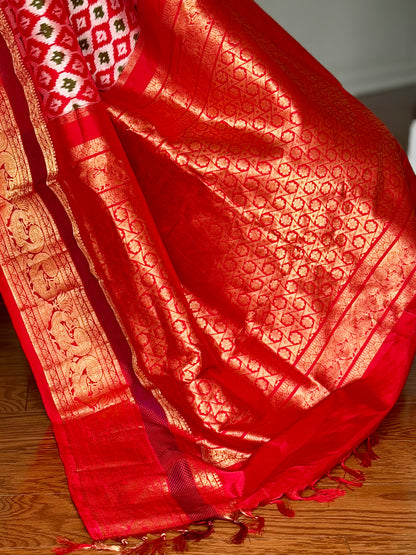 Red Twill Ikkat (Pochampally)handwoven pure silk Saree with Zari Woven Kanchipuram Border