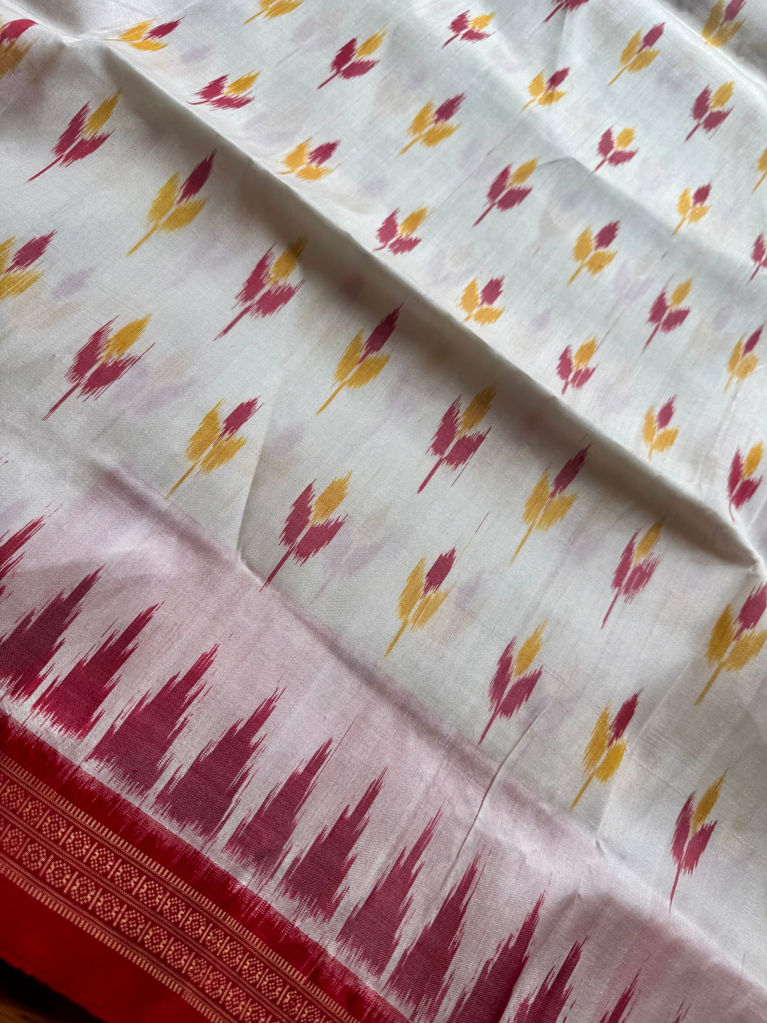 Flower bud design Handwoven Pure Silk ikat Khandua Saree White-Red|Odisha Weaves