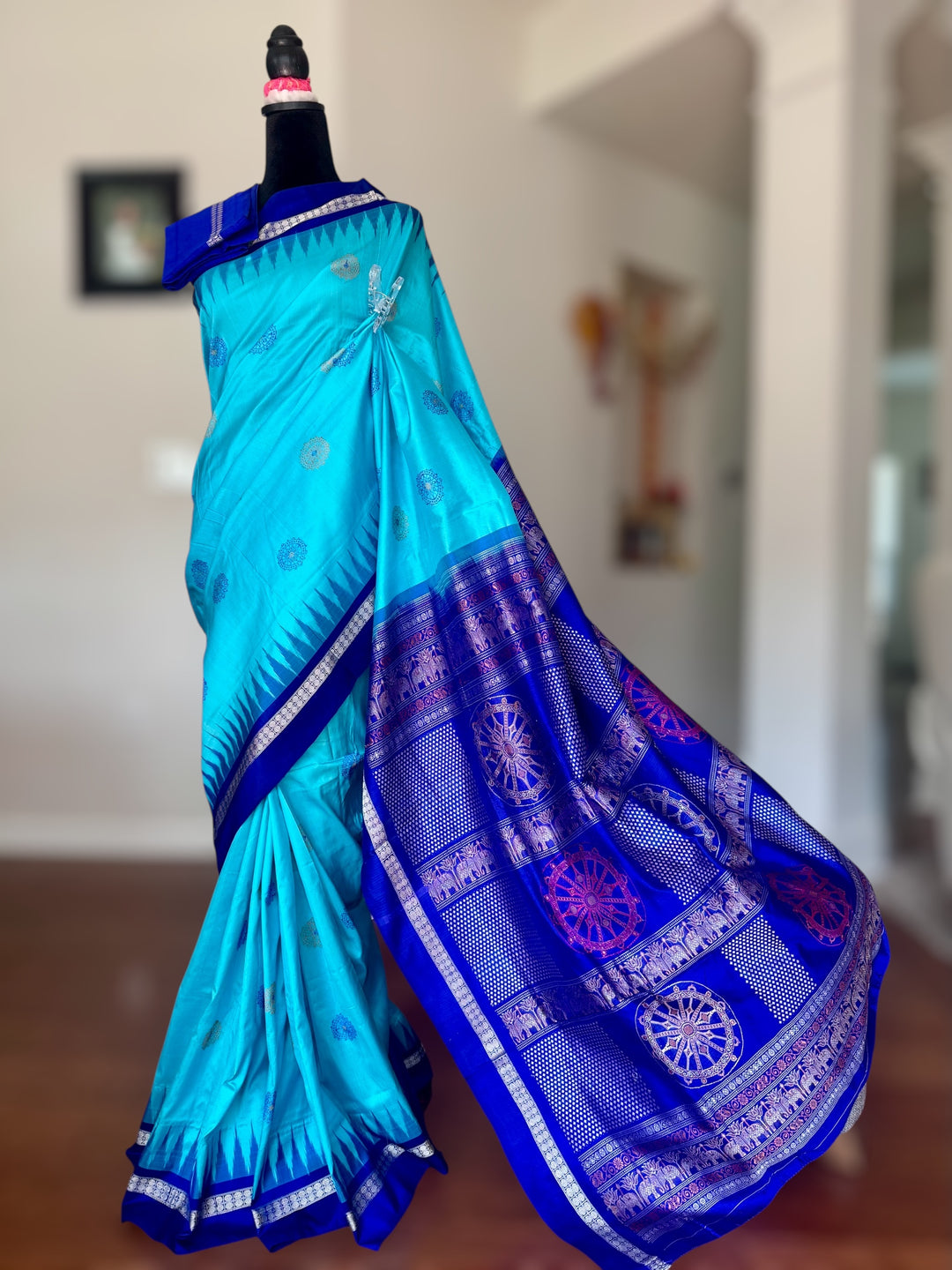 Konark theme Handwoven Bomkai Pure Silk Saree – Turquoise Blue with Royal Blue Pallu from Odisha Weaves