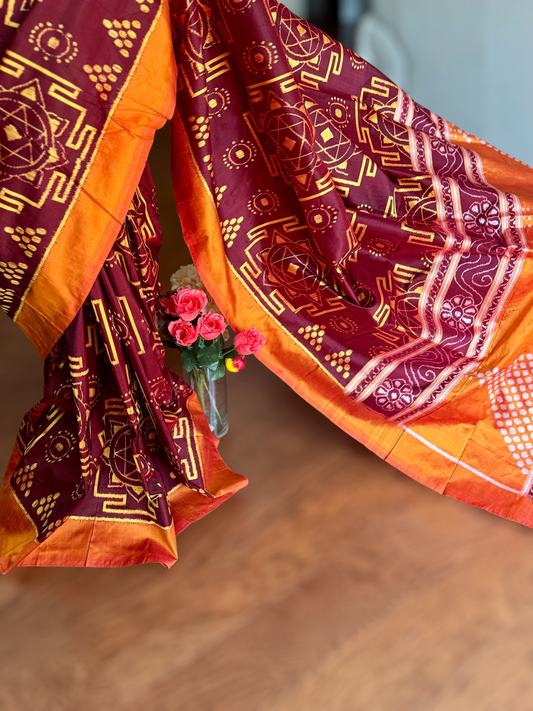 Maroon with yellow color handwoven ikat pure silk saree|Odisha Weaves|Contemporary Ikat|