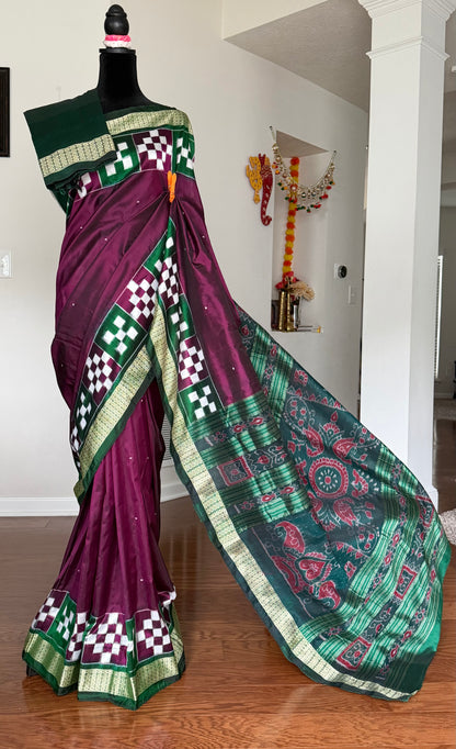 Plum and green combination Sambalpuri pasapali handwoven Ikkat semi-silk saree| Odisha Weaves