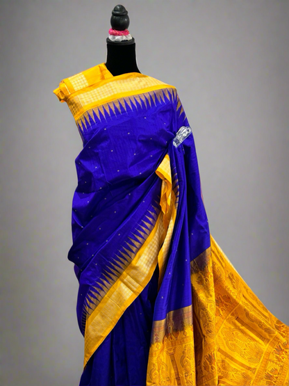 Royal blue and yellow combination Bomkai pure Silk Saree