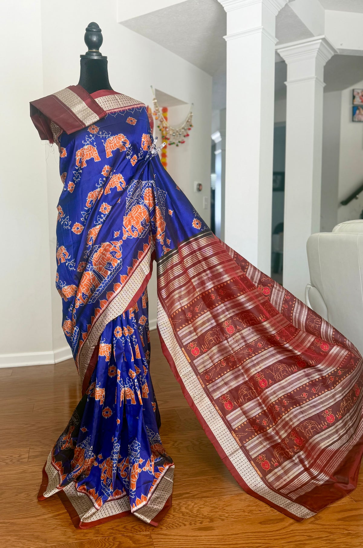 Blue & Maroon Sambalpuri Handwoven Ikat Elephant Motif pure silk Saree | Odisha weaves