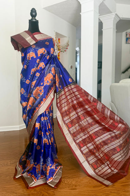 Blue & Maroon Sambalpuri Handwoven Ikat Elephant Motif pure silk Saree | Odisha weaves