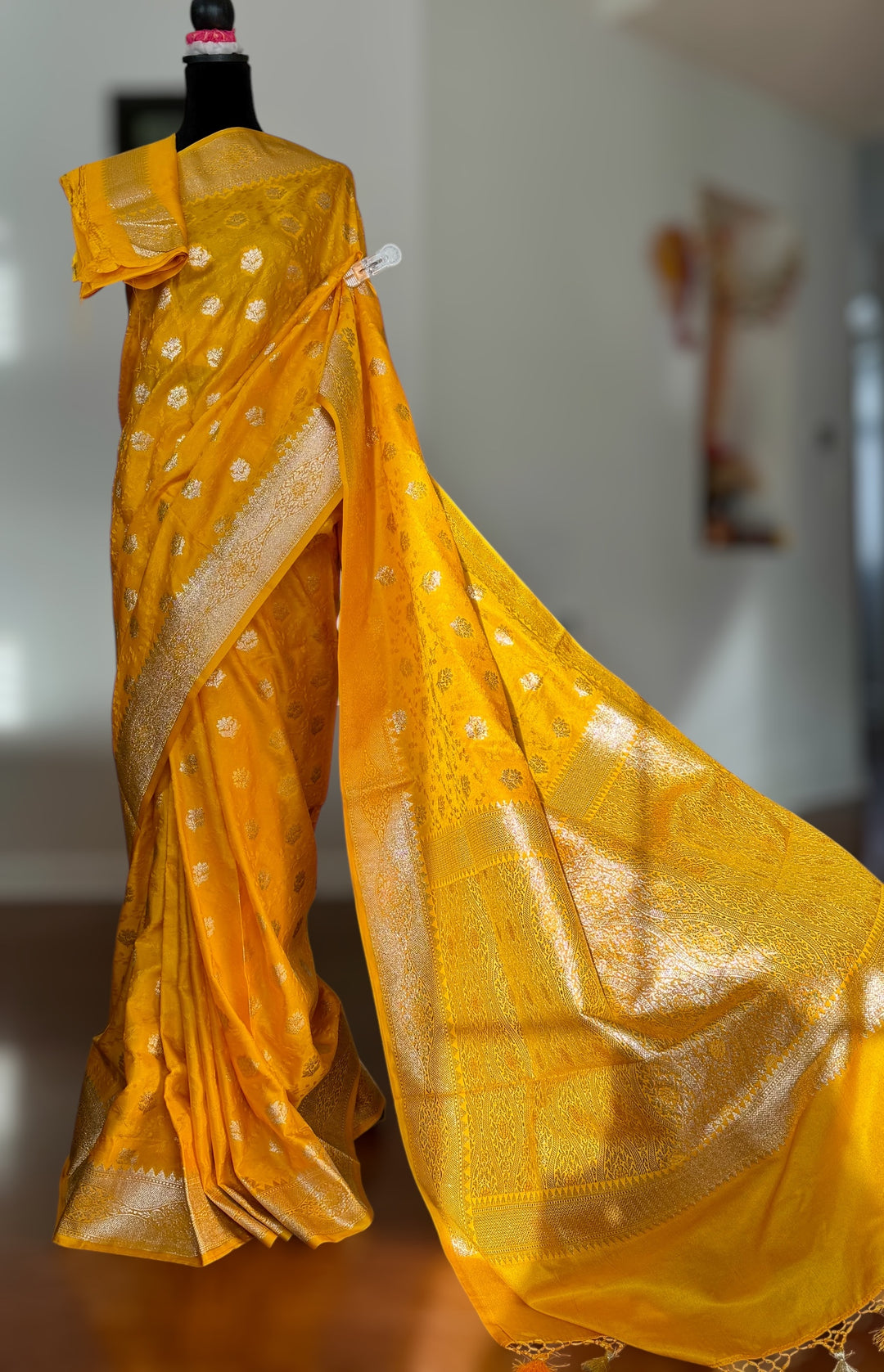 Banarasi Semi Mashru Silk Yellow color Saree|Value Vogue