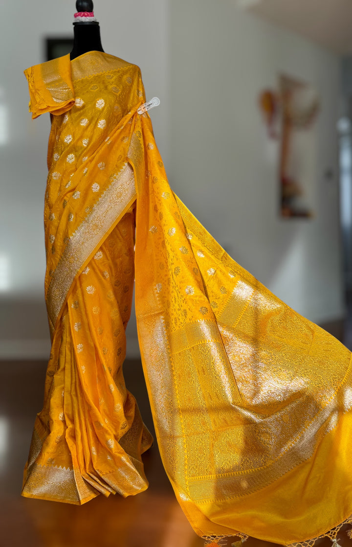 Banarasi Semi Mashru Silk Yellow color Saree|Value Vogue