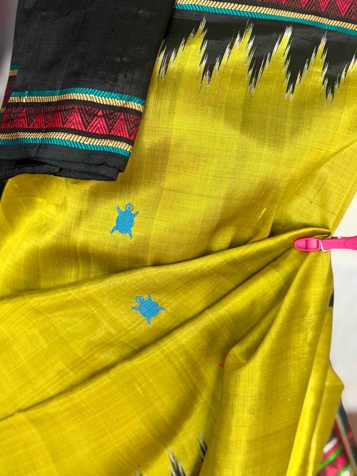 Light green and black combination Dongria double pallu contemporary ikat pure silk saree