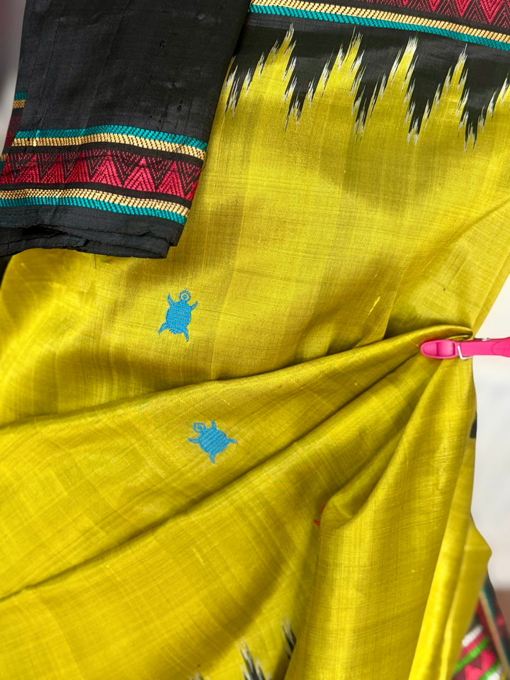 Light green and black combination Dongria double pallu contemporary ikat pure silk saree