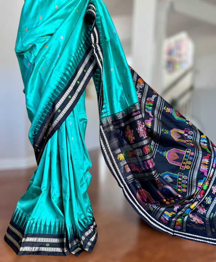 Gorgeous Light Aqua green Nandighosa pure silk saree from Odisha Weaves| Bomkai|