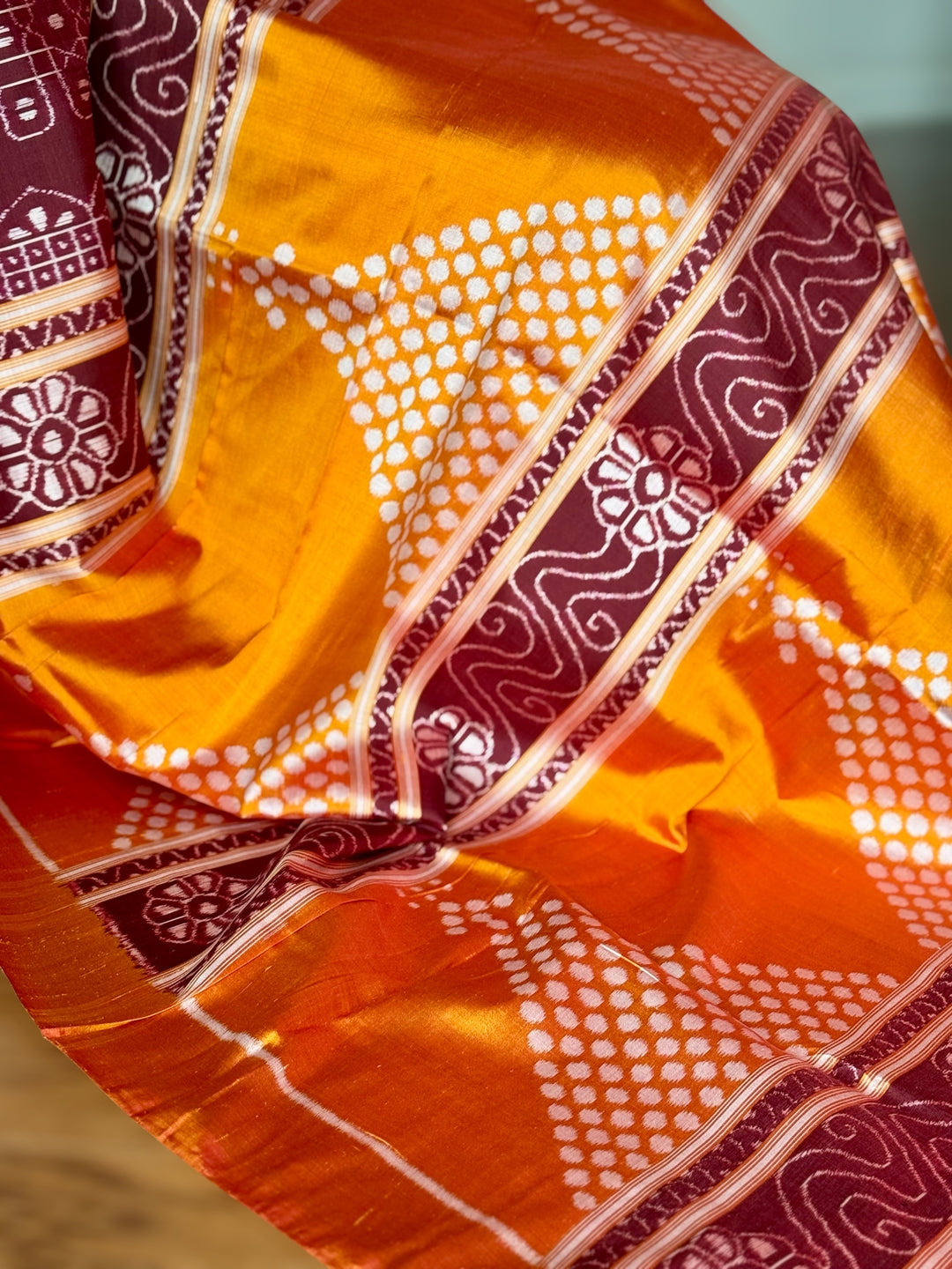 Maroon with orange yellow color handwoven Chita patterned ikat pure silk saree|Odisha Weaves|Contemporary Ikat