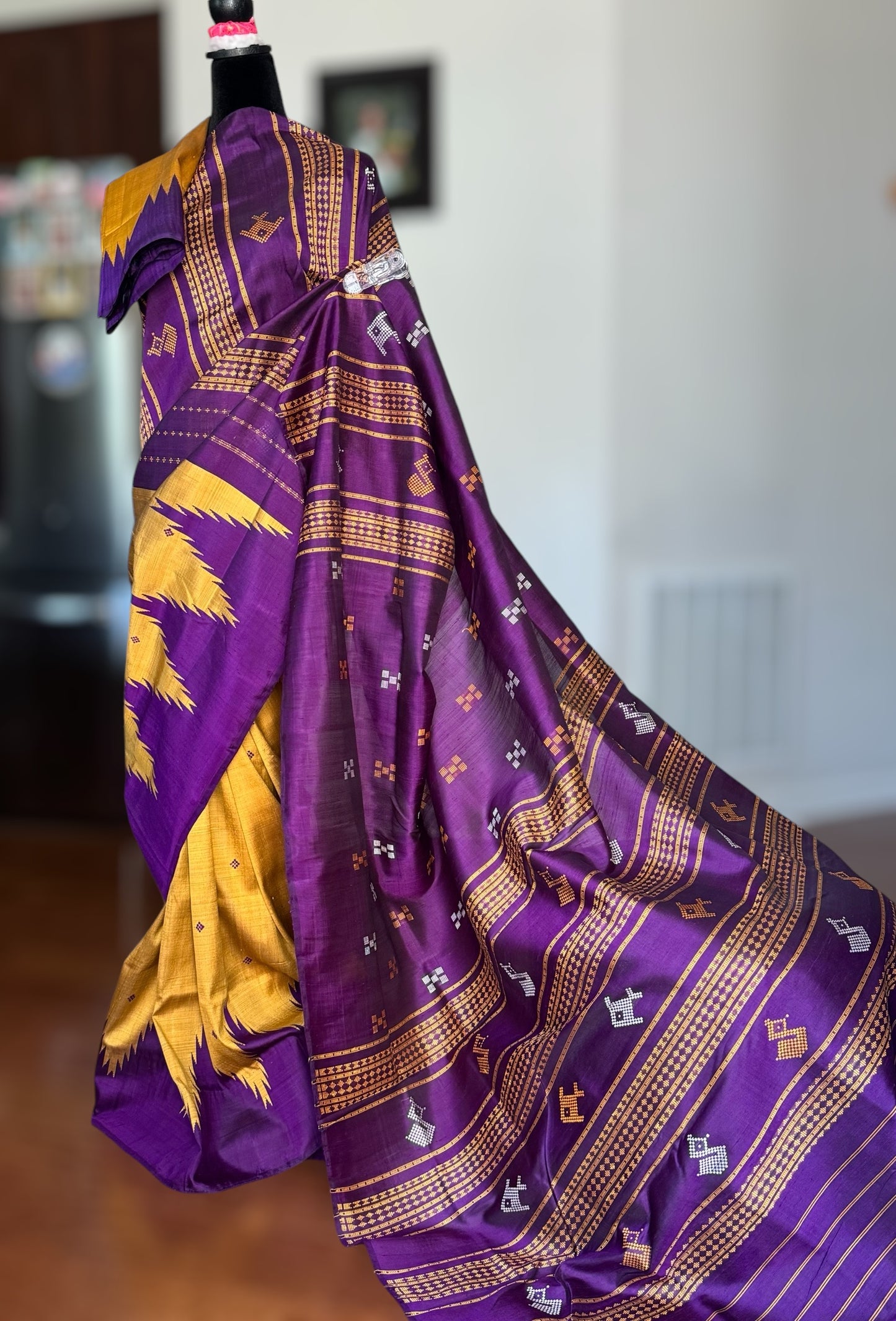 Mustard with purple combination Berhampuri Double Pallu pure silk saree