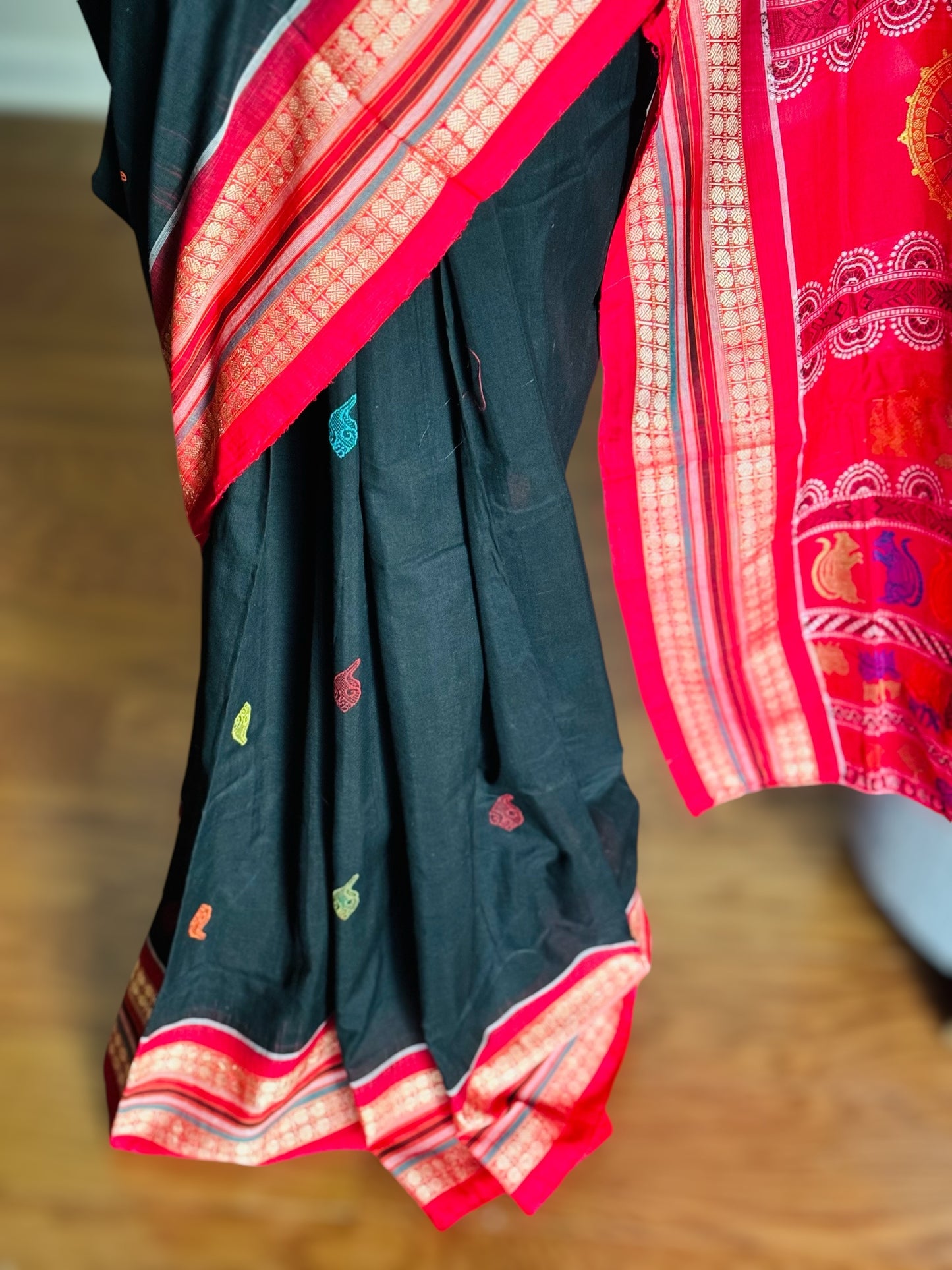 Handwoven Bomkai cotton saree in black red combinations