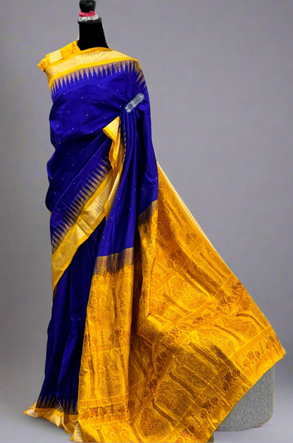 Royal blue and yellow combination Bomkai pure Silk Saree