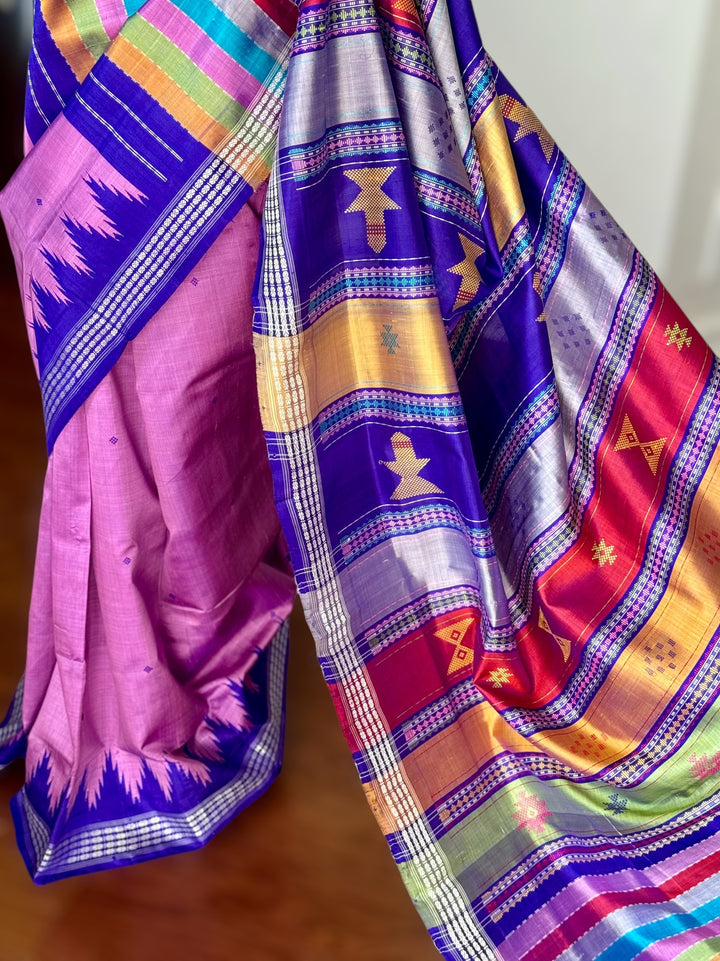 Lavender Pink with blue combination Berhampuri Double pallu pure silk saree