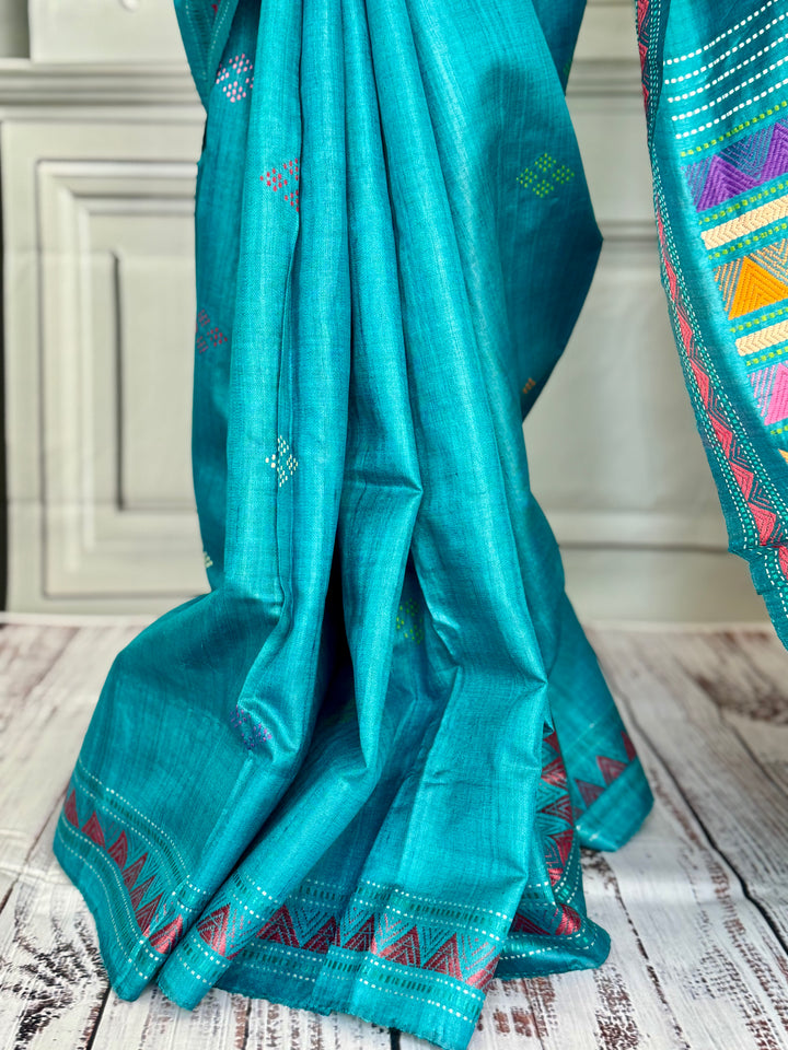 Teal Blue Gopalpur handwoven pure Tussar silk saree with Dongria pallu|Odisha weaves