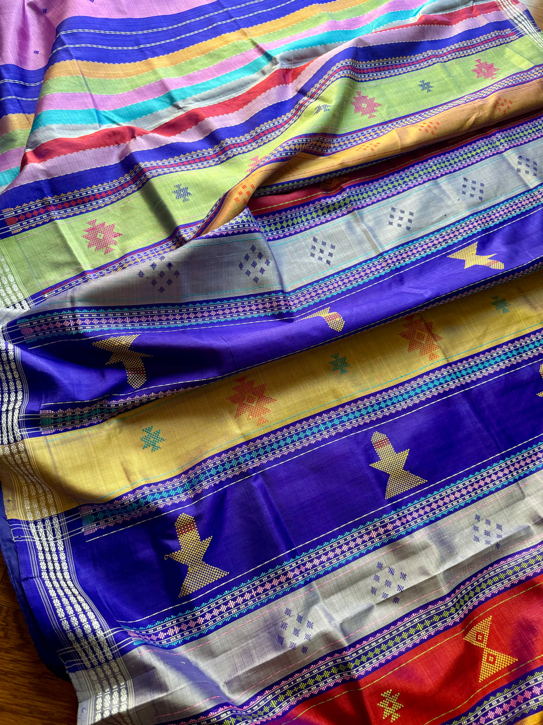 Lavender Pink with blue combination Berhampuri Double pallu pure silk saree