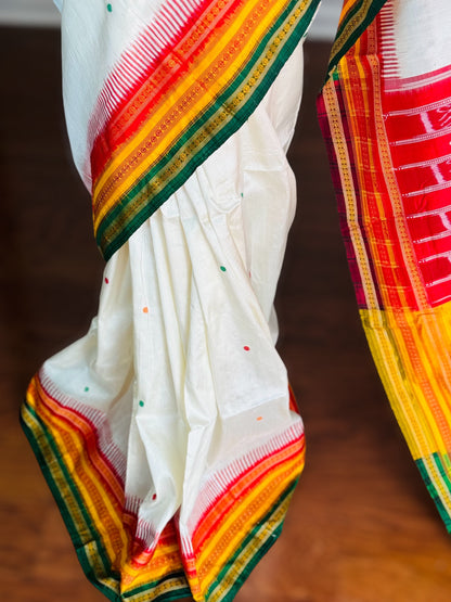 White kathiphera pure silk saree in red,yellow, green border and pallu | Khandua Ikat |Odisha Weaves