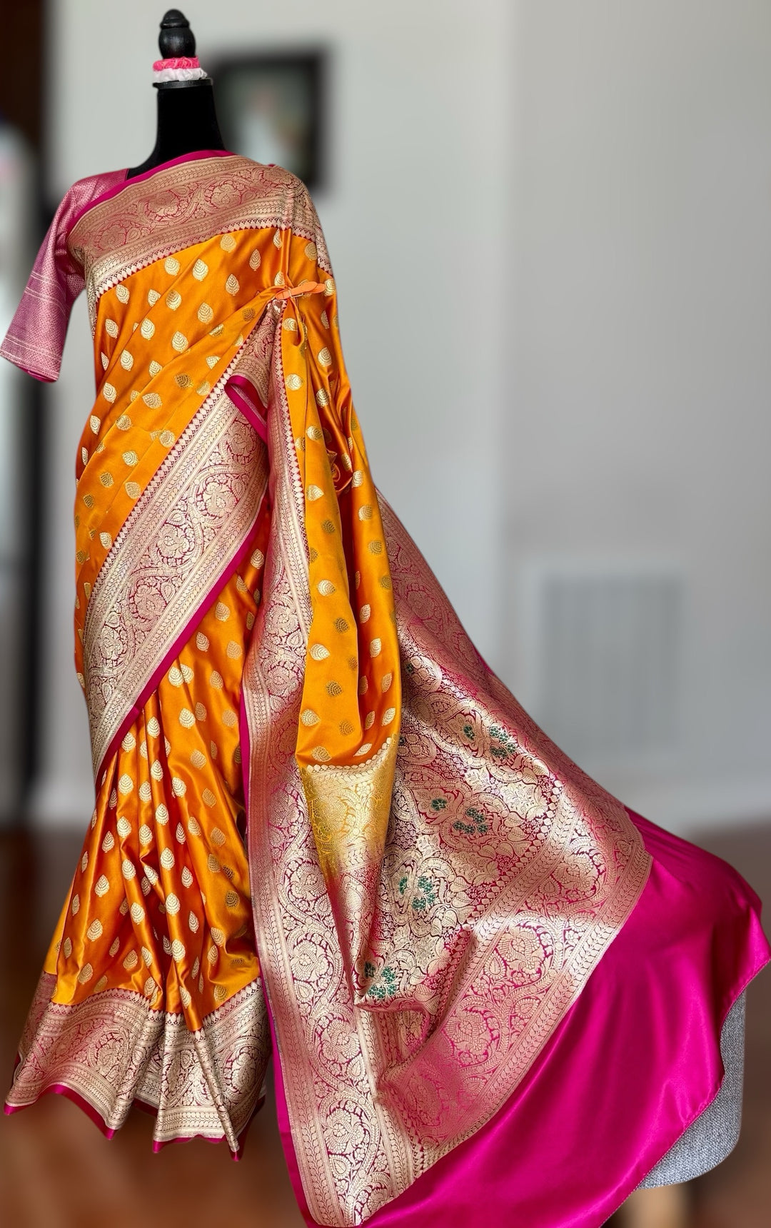 Orange Handloom Banarasi Silk Saree With Stitched Blouse
