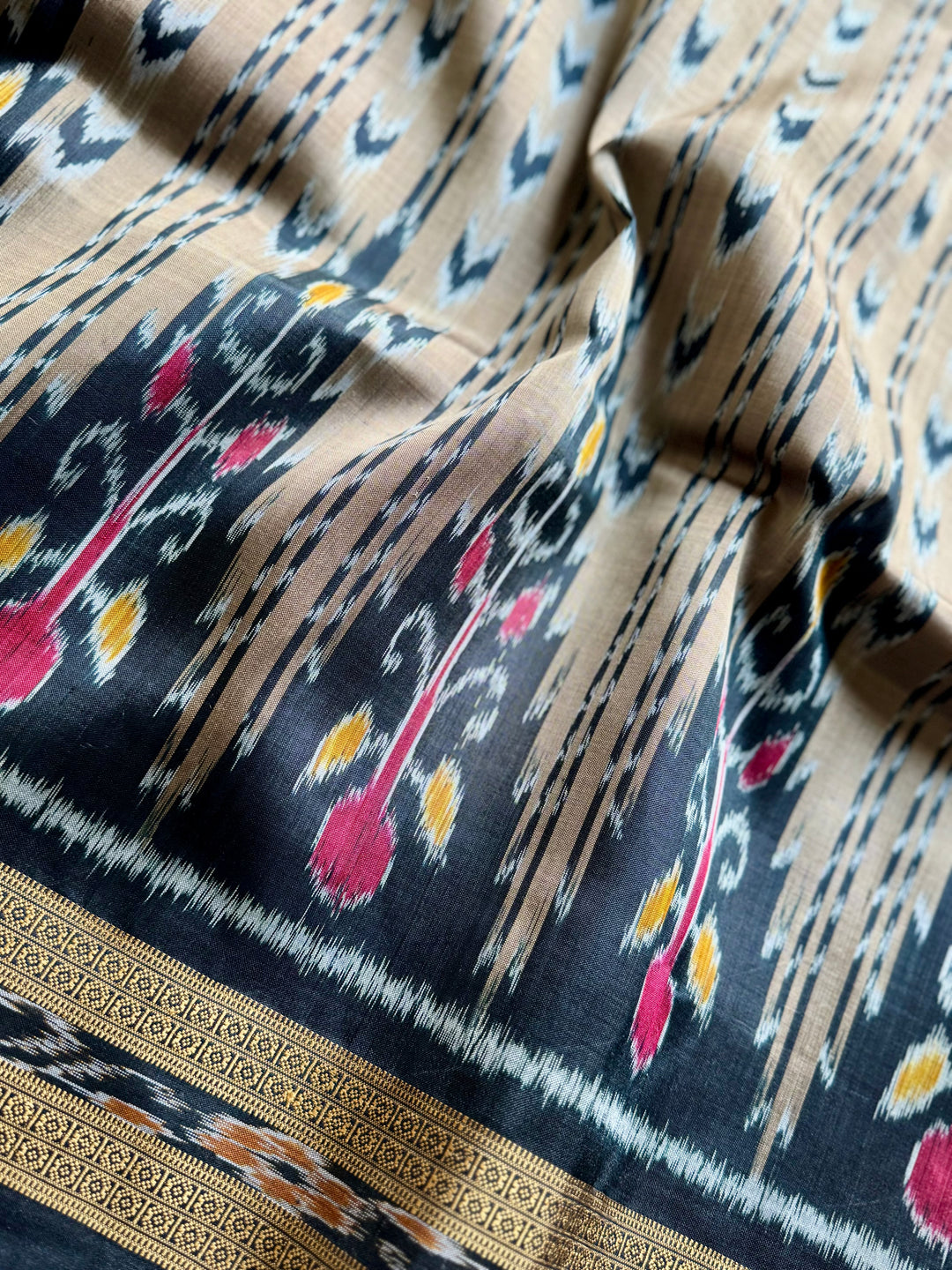 Handwoven Pure Silk ikat Khandua Saree Beige-Gold|Mishrita |Odisha Weaves
