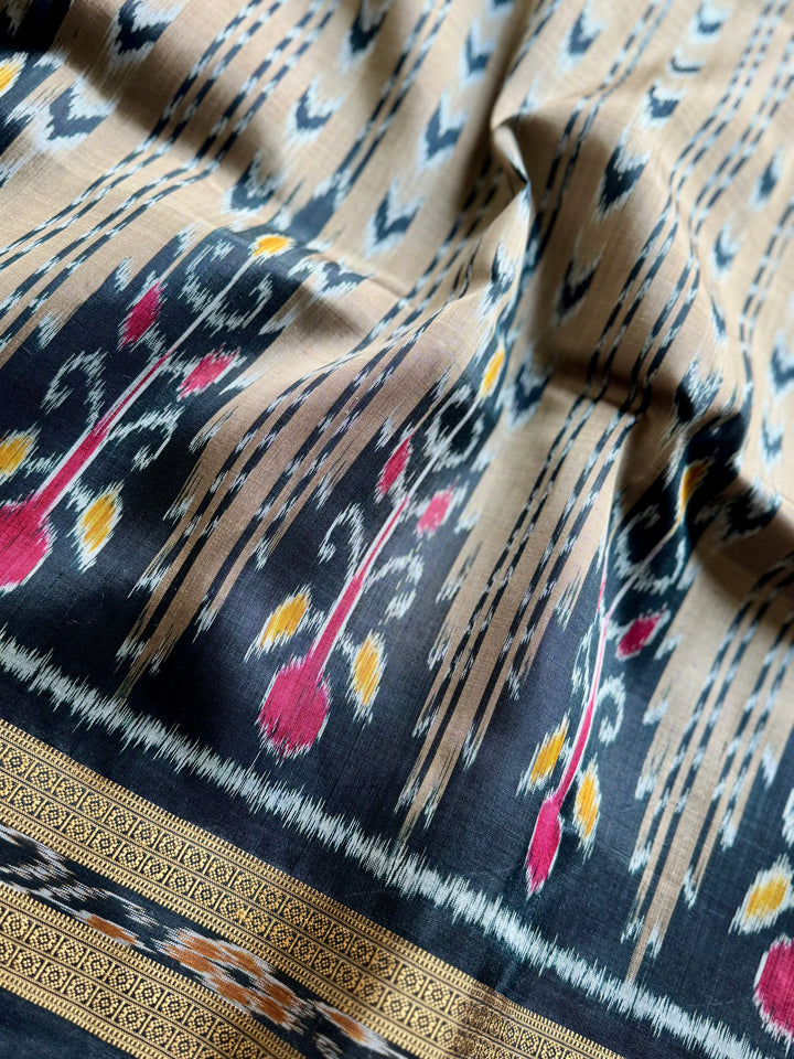 Handwoven Pure Silk ikat Khandua Saree Beige-Gold|Mishrita |Odisha Weaves