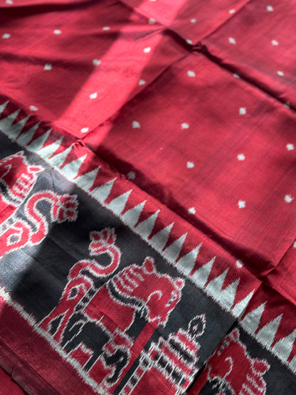 Maroon-ish Red Contemporary ikat pure silk Saree from Odisha weaves