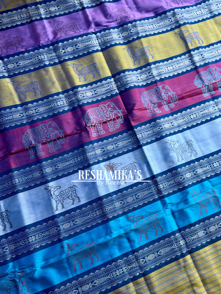Blue Berhampuri Pure Silk Saree with multi color animal motif Double pallu