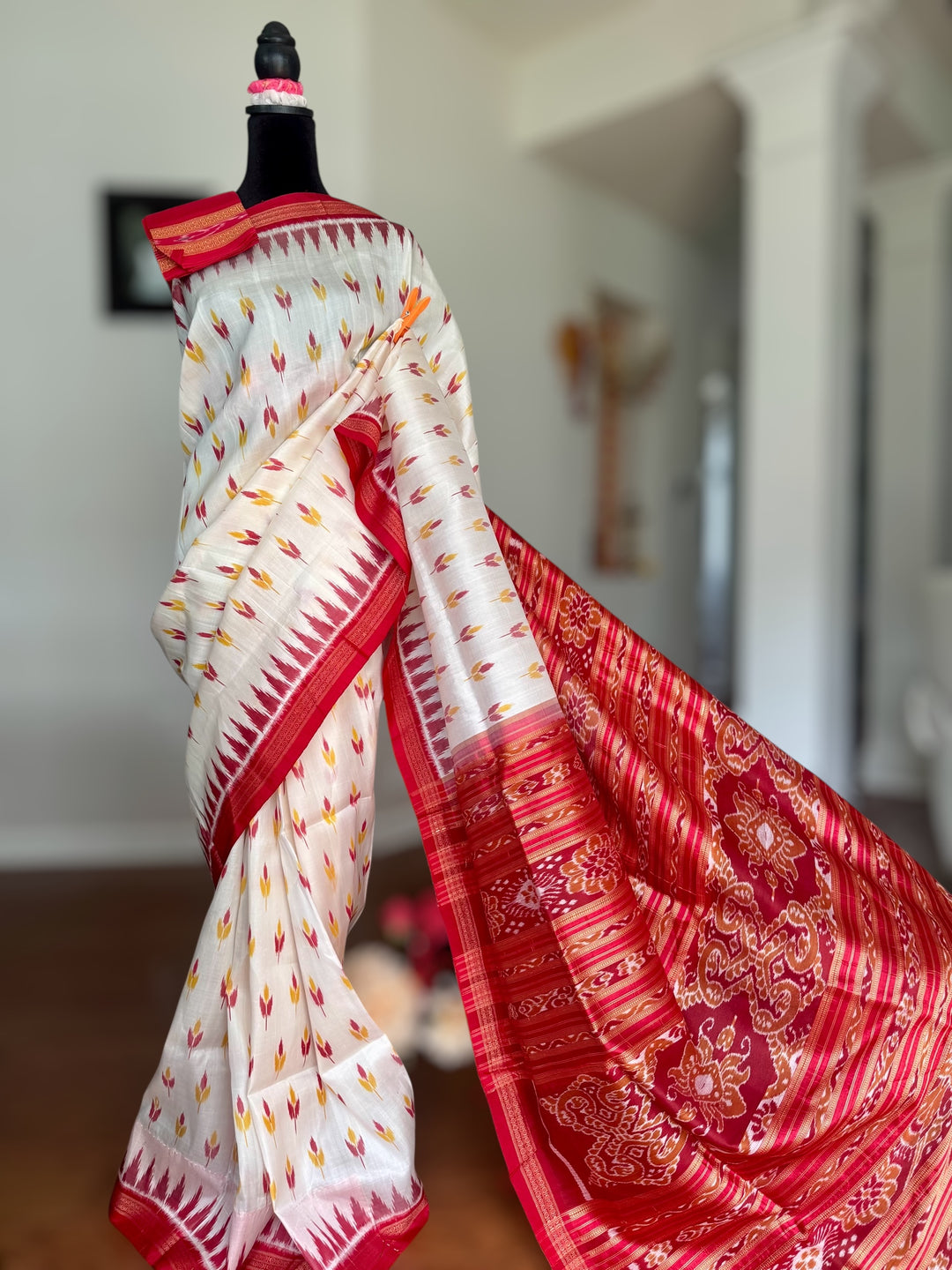 Flower bud design Handwoven Pure Silk ikat Khandua Saree White-Red|Odisha Weaves