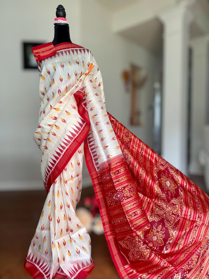 Flower bud design Handwoven Pure Silk ikat Khandua Saree White-Red|Odisha Weaves
